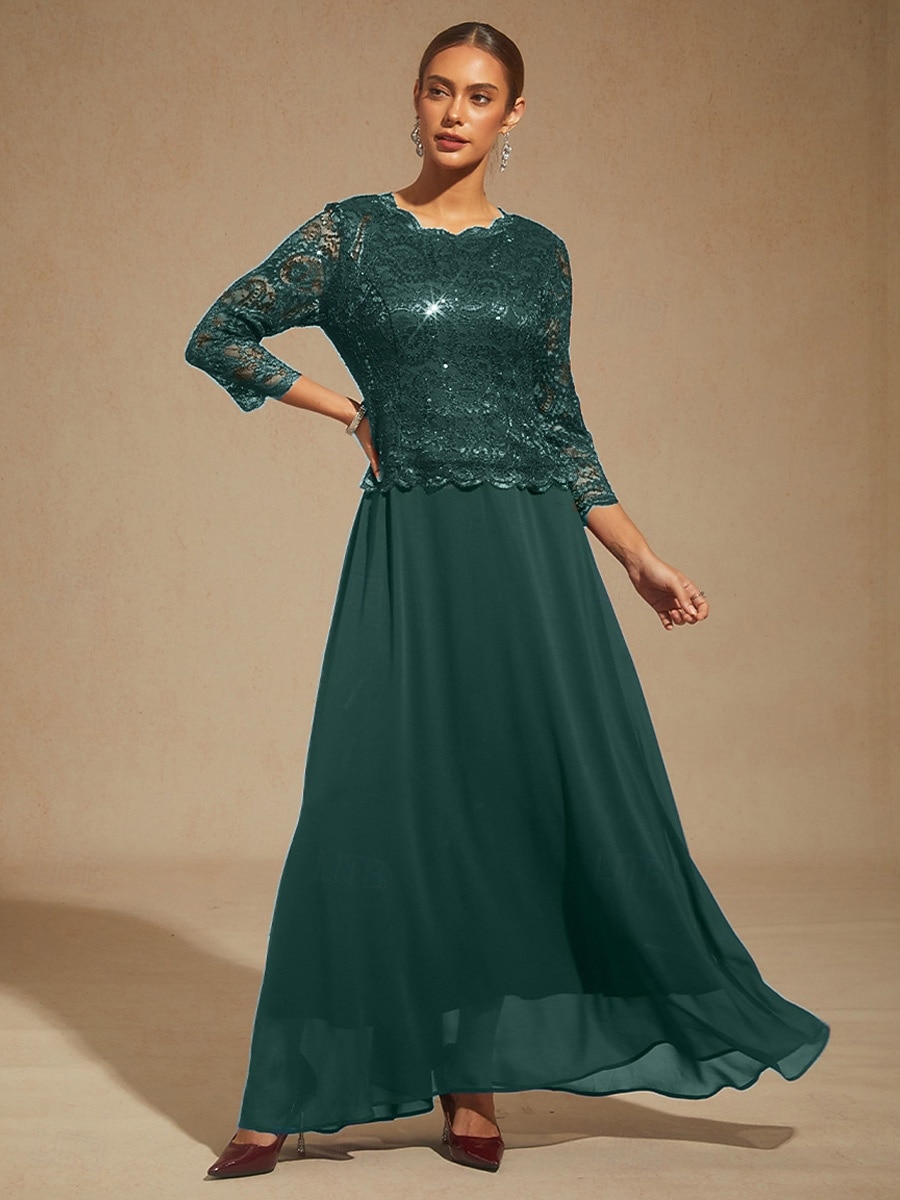 Women's Maxi Dress Chiffon Dress Elegant Evening Party Wedding Guest Sequins Lace Regular Fit Solid Color 3/4 Length Sleeve Crew Neck Emerald Green 2026 - $91.99 –P5