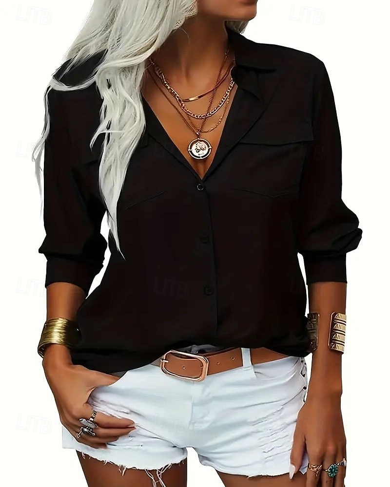 Mulheres Blusa Tops elegantes Franzido Bolsos Botões Côr Sólida Tecido Elegante Vintage senhoras Manga Longa Colarinho de Camisa Tops regulares Diário Trabalho Feriado Verde Preto Rosa Verde Tropa de 2026 por $25.99 –P1