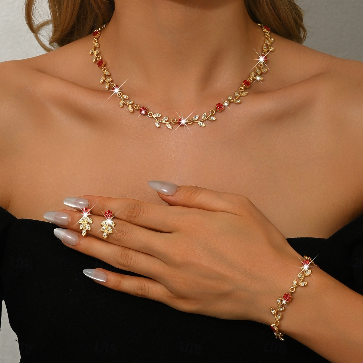 kvinners gullblad &rødt krystallsmykkesett - delikat halskjede, dråpeøreringer &matchende armbånd, romantisk blomstertilbehør til fester, bryllup &spesielle arrangementer 2026 - $19.99 –P6