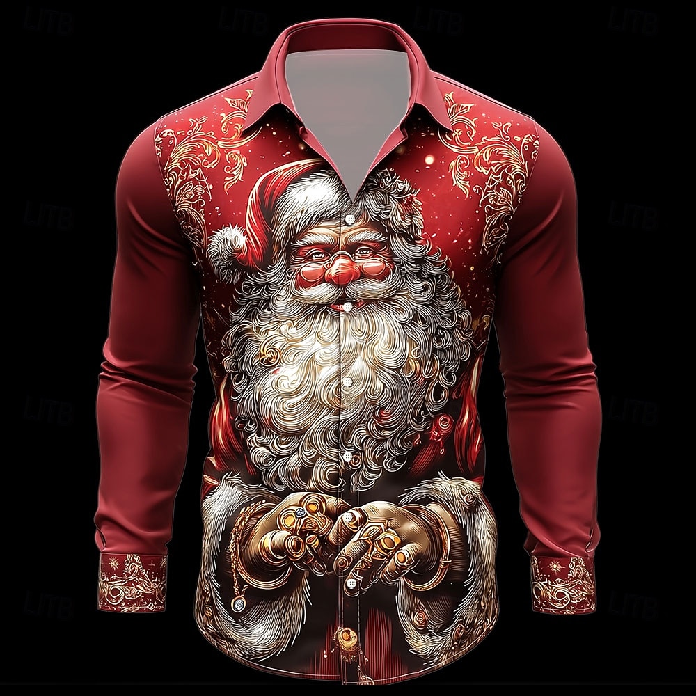 Weihnachten Herren Weihnachtsmann Schneemann Weihnachtsbaum Hemd Knopfhemd Langarm Lustig Weihnachtsgeschenke Ferien Frühling Herbst Umlegekragen 3D-Druck Hemden mit Kragen Rote Orange Dunkelblau 2025 - $26.99 –P2