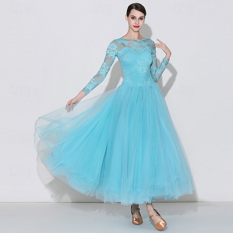 Women's Elegant Turquoise Ballroom Dance Dress Lace Long Sleeve Boat Neck Waltz Tango Modern Rumba Practice Performance Gown 2026 - $159.99 –P6