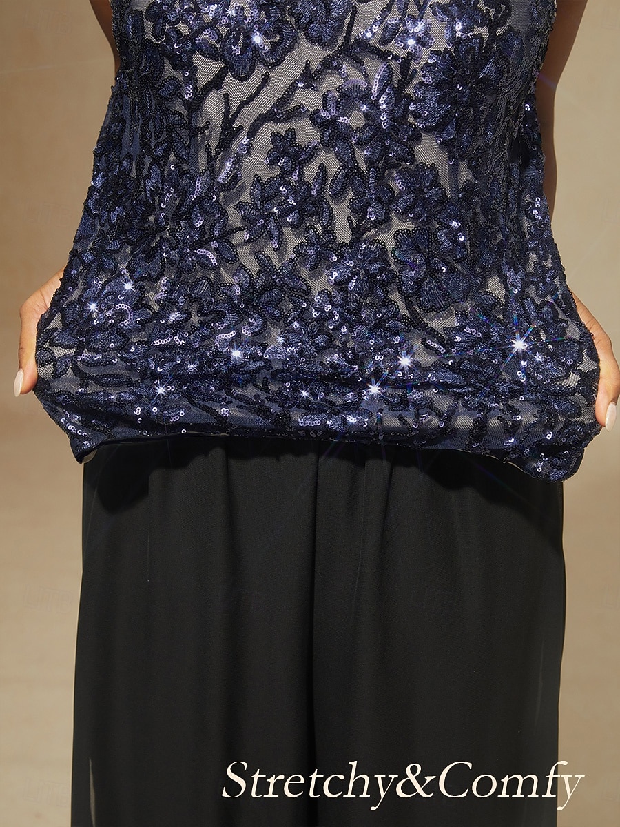 2026年 女性用 ブラウス 2 ピースの衣装 ドレッシーなトップス スパンコール 刺繍 フラワー エレガント 七分袖 スタンドカラー レギュラートップス パーティー ネイビーブルー 春 秋 冬  コレクション – $119.99 –P4