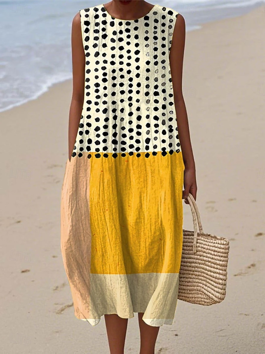 Kvinnors midi-klänning linne-liknande sommarklänning skiftklänning A-linje klänning semester avslappnad boho gå ut strand lös passform grafisk geometrisk ärmlös rund hals gul mörkgrå ljus orange 2026 - $37.99 –P1