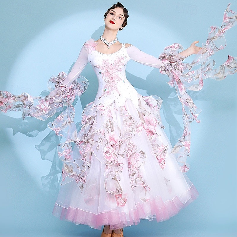 Women's Elegant White Pink Floral Ballroom Dance Dress Rhinestone Applique Off-Shoulder Waltz Tango Modern Rumba Competition Performance Gown 2026 - $371.89 –P3