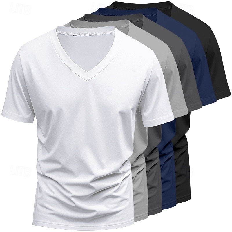 5-częściowy męski T-shirt z krótkim rękawem, dekolt w serek, letni, na każdą porę roku, jednolity kolor, prosty, codzienny, 5-częściowy zestaw, wakacyjny, casualowy, biały, top, męski 2026 - $59.99 –P2