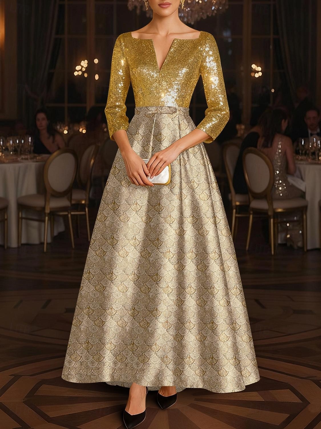 Gold Sequin Jacquard Scallop Pattern A-Line Evening Gown Elegant Formal  Dress Formal Wedding Floor Length 3/4 Length Sleeve Square Neck Sequined  with Bow(s) 2026 - $159.99
