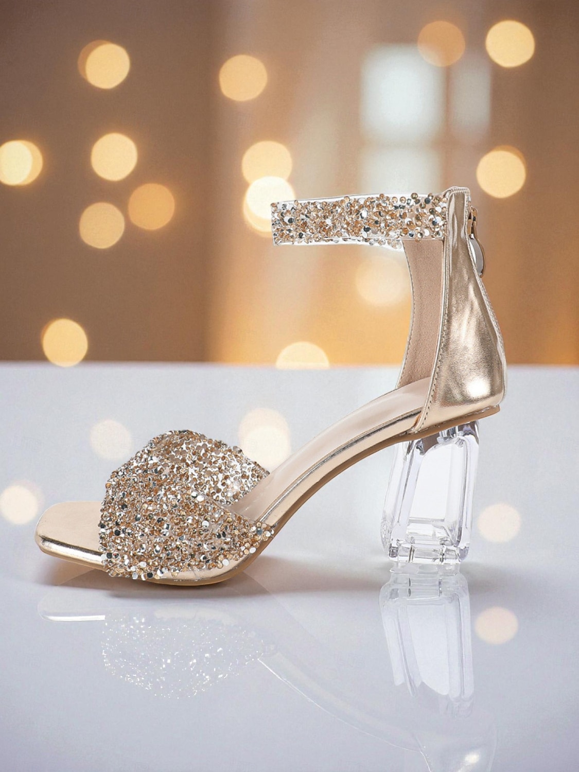 sandali con tacco da donna impreziositi da cristalli glitterati - scarpe da festa scintillanti con punta aperta e tacco a blocco trasparente per la vita notturna e l'abbigliamento da discoteca &abiti del 2026 a $46.99 –P1