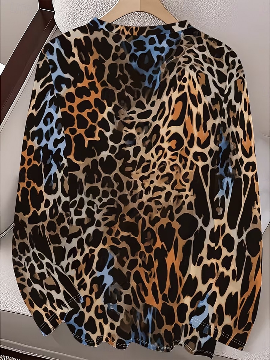 Γυναικεία Μπλουζάκι Στάμπα Γραφική Λεοπάρ Βίντατζ Μοντέρνα Στυλάτο Μακρυμάνικο Λαιμόκοψη V Κανονικά μπλουζάκια Καθημερινά Θαλασσί Άνοιξη Φθινόπωρο 2026 - $24.99 –P2