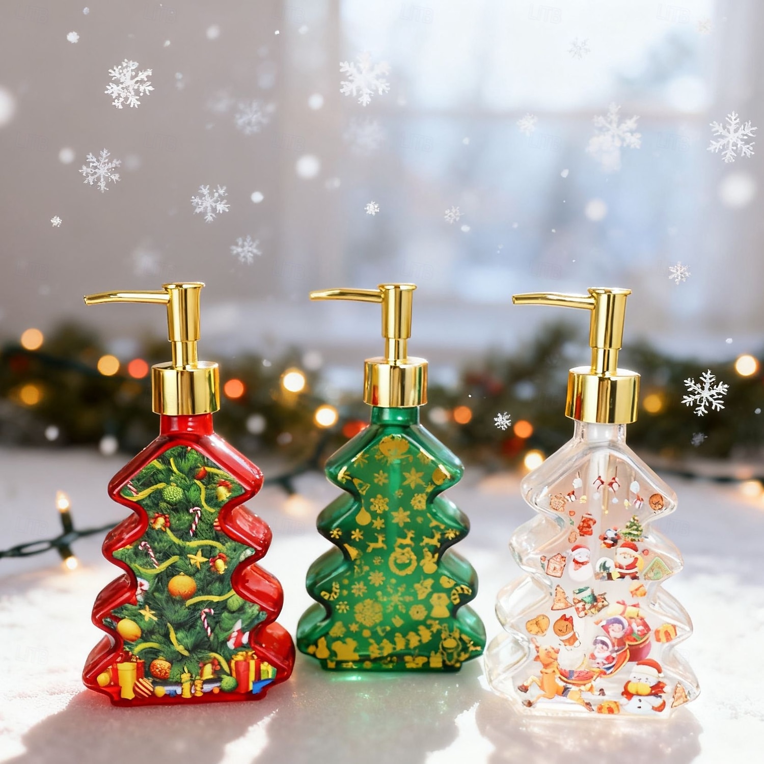 Glass Christmas Tree Hand Pump Dispenser Bottle - 300ml Red/Green Reusable Travel-Sized Soap/Lotion/Cleanser Container with Golden Reindeer Snowflake Design for Kitchen, Bathroom, Office - Durable 2026 - $6.99 –P1