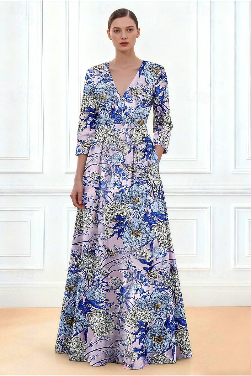 A-Line Floor Length Evening Gown Formal Dress Elegant Semi Formal Casual Daytime Wedding 3 4 Length Sleeve V Neck Garden Party Wedding Pocket Jacquard