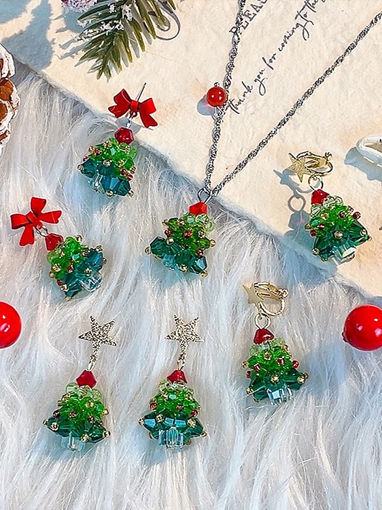 Bijuterii acrilice de Crăciun pentru femei – colier și cercei cu brad festiv și funde roșii, perfecți pentru petreceri și sărbători 2026 - $9.99 –P11