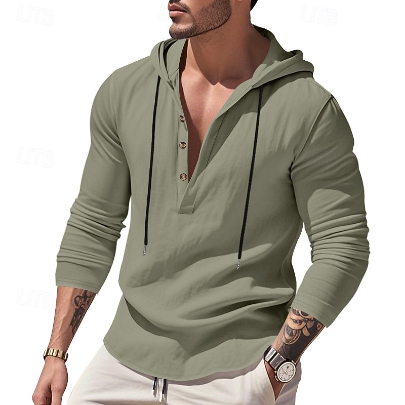 Men's Shirt Popover Shirt Summer Shirt Casual Shirt Beach Shirt Black White Yellow Navy Blue khaki Long Sleeve Solid Color Hooded Vacation Casual Drawstring Clothing Apparel Fashion Casual Comfortable 2026 - $28.99 –P13