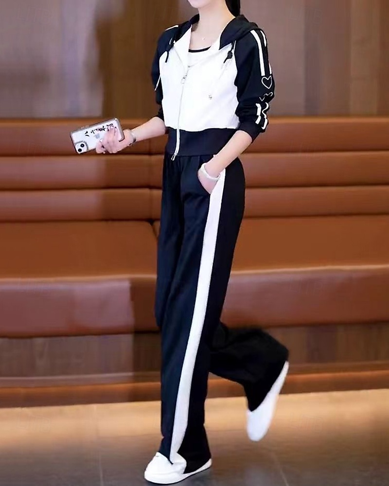 نسائي سويت شيرت بسحاب بنطلون واسع الساق بدلة رياضية من قطعتين رباط ألوان متناوبة أطقم ملابس رياضية الخريف أسود أبيض المشي لمسافات طويلة مهنة ركض كم طويل رياضة ألبسة رياضية مرن نسبياً عادي 2026 - $39.99 –P13