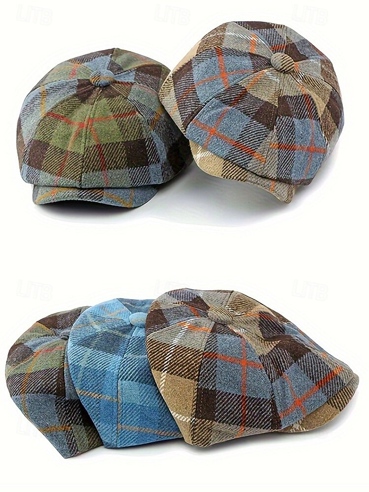 Pánská vintage britská kostkovaná čepice pro novináře – polyesterový materiál, více barev, klasický retro styl pro běžné nošení a outdoor 2026 - $14.99 –P4