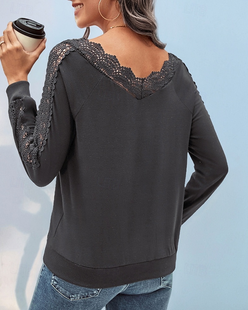 Femmes Chemisier Dentelle Patchwork Uni Actif Occasionnel manche longue Col en V Hauts Réguliers Quotidien Fête Sortir Vert Emeraude Gris foncé Été Automne de 2026 ? $28.99 –P12