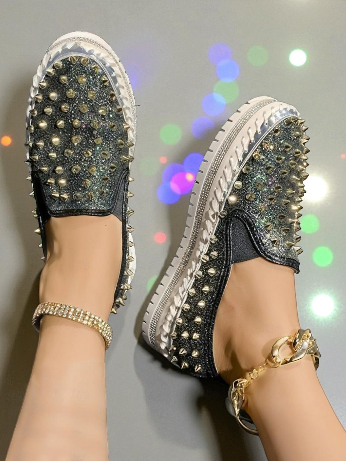 Dames instapsneakers met glitter en studs - glinsterende platformschoenen met strass-versiering voor uitgaansgelegenheden, feesten en clubwear &feestelijke outfits 2026 - $32.99 –P5