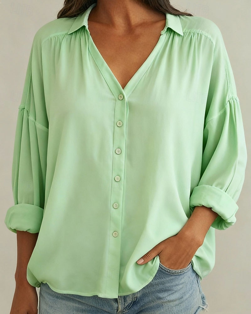 Damen Hemd Bluse Einfach Elegant Stilvoll Langarm V Ausschnitt Normale Oberteile Täglich Ferien Ausgehen Gerafft Knöpfe Weiß Hellgrün Rosa Himmelblau Sommer Frühling Herbst Winter 2025 - $23.99 –P3