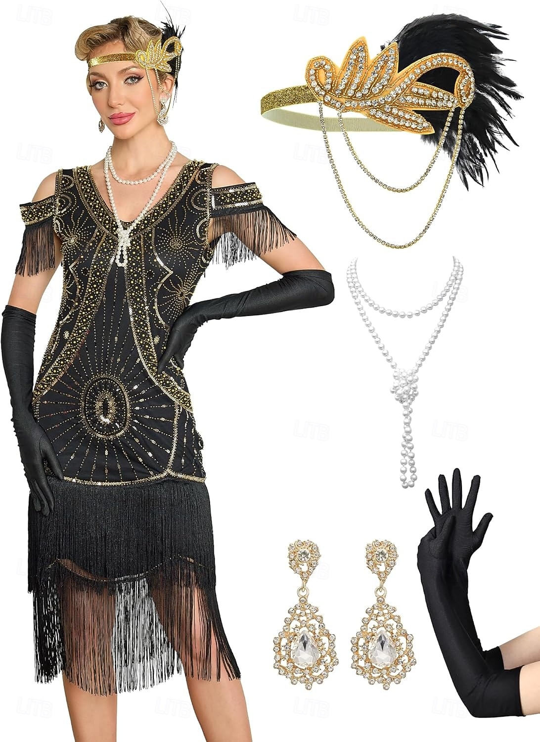 Conjunto Rugido 20s 1920s Hasta la Rodilla Vestidos Vestido Flapper Accesorios con accesorios Hombro frío Mangas cortas El gran Gatsby charlestón Lentejuelas Borlas Pluma Escote en Pico Disfraz Mujer 2026 - $89.99 –P1