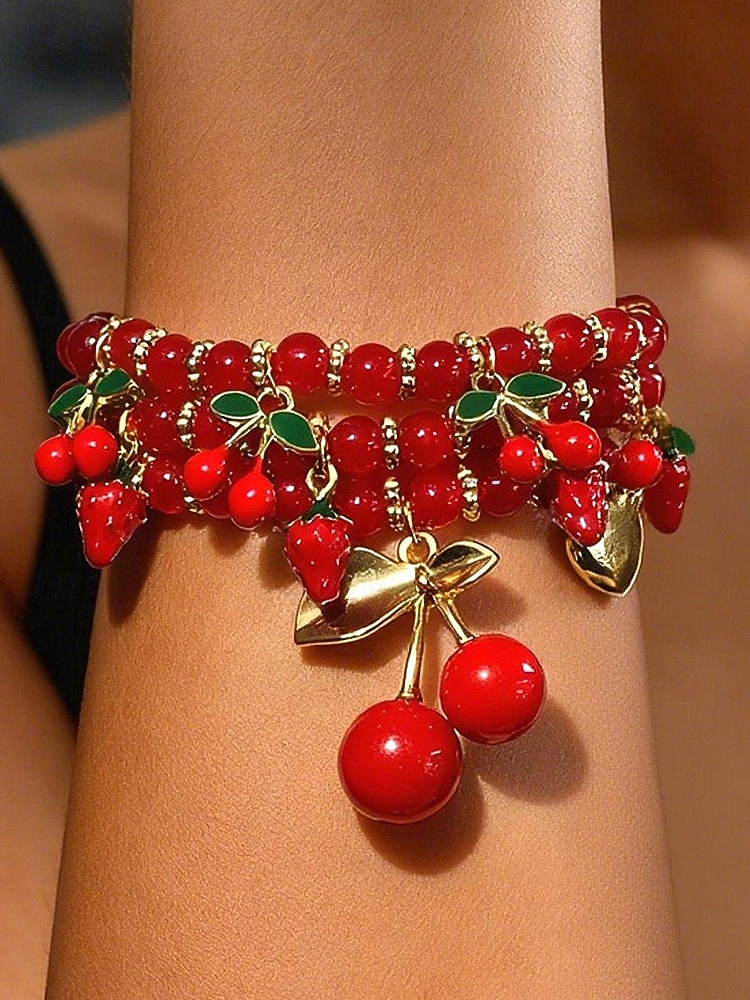 Женский рождественский браслет из бусин с вишневой тематикой, красный и золотой, идеальный подарок на праздник 2026 - $9.99 –P1