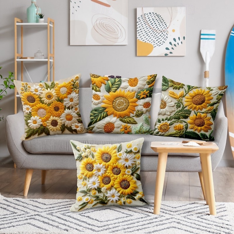 Dekorativt örngott i vintagestil med solrosmotiv, 2D-tryck, mjukt polyestertyg med kuddfodral och fuskbroderi, perfekt för vår- och sommarsoffdekorationer i vardagsrummet 2026 - $9.99 –P2
