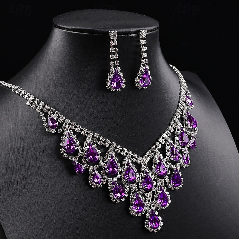 Ensemble collier et boucles d'oreilles pendantes en argent plaqué violet pour femme - bijoux de mariée élégants en cristal pour mariages, bals de fin d'année et soirées habillées de 2026 ? $11.99 –P4