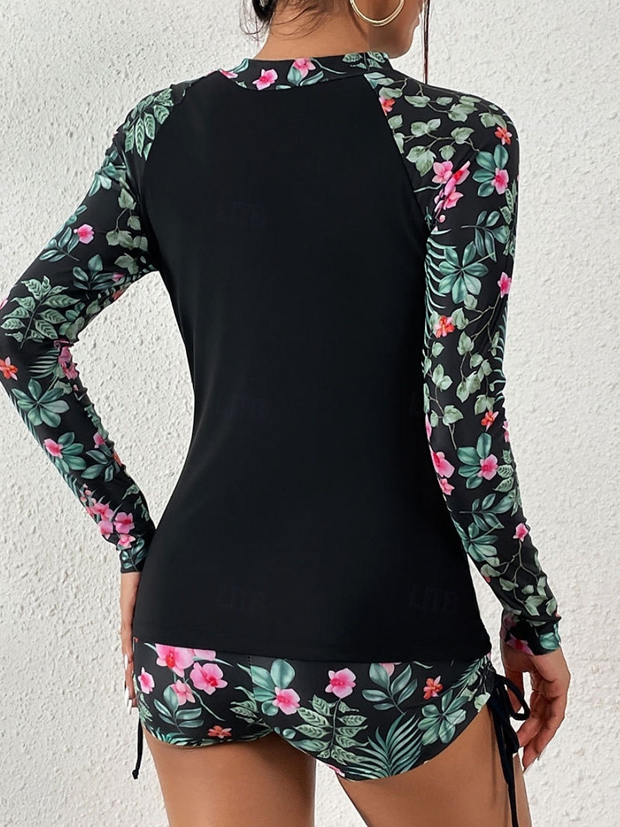 Maiô Tankini Feminino 2 Peças Short Controle de Barriga Cintura Alta Slim Costas Descobertas Roupas de Praia de Férias Floral Folhas Decote Alto Com Mangas Longas de 2026 por $36.99 –P12