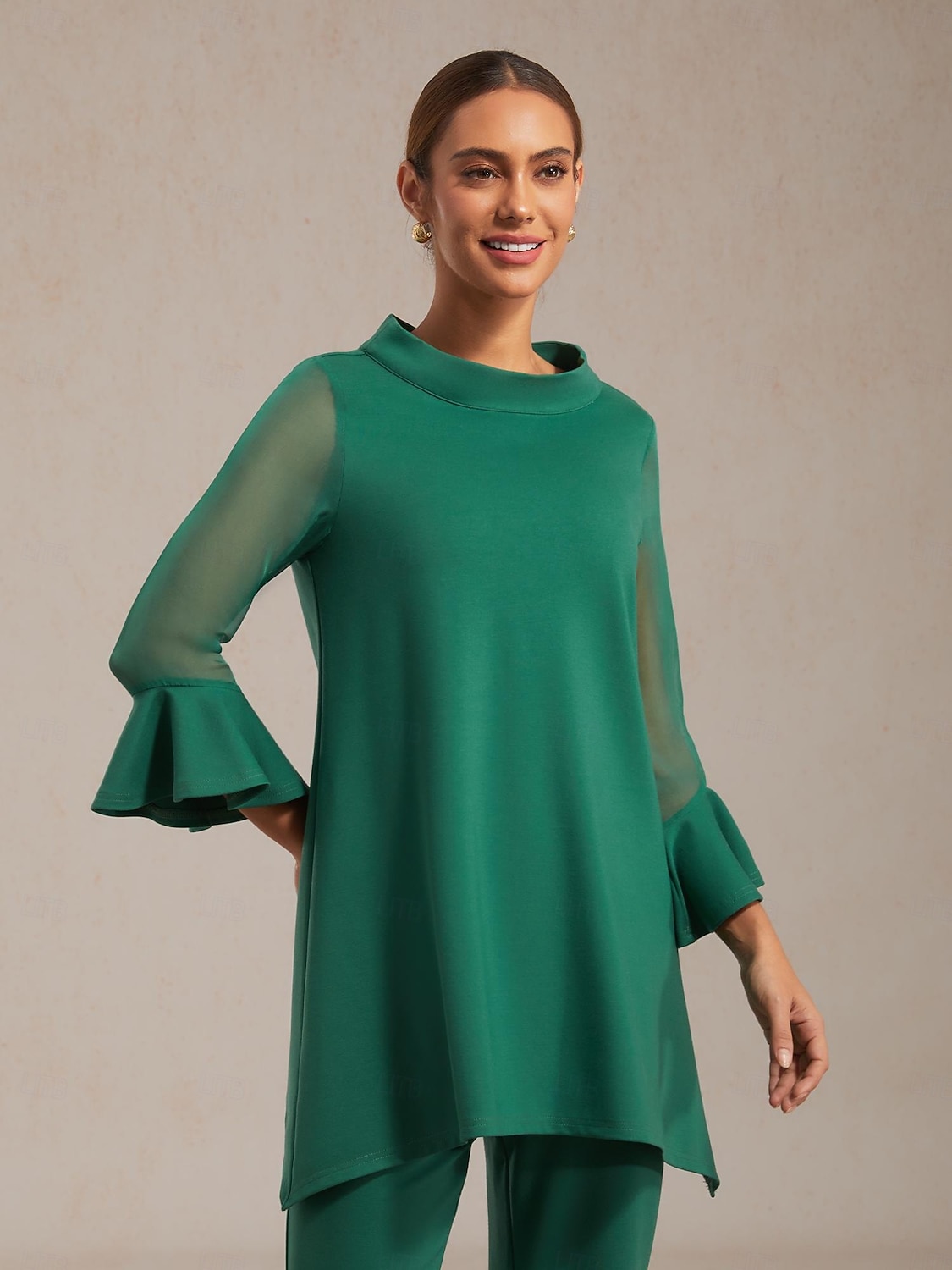 Dámské kalhoty, strečová tkanina, šifon, průsvitné panely, rozšířené nohavice, elastický pas, elegantní, pohodlné, do práce, podzim 2026 - $21.99 –P7