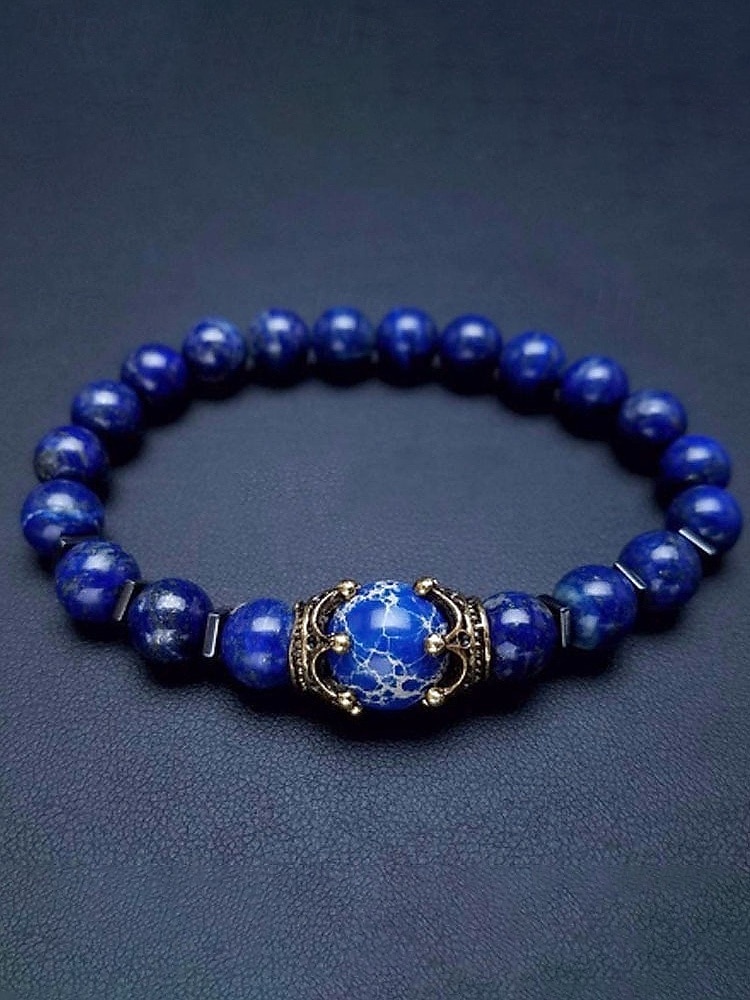 Bracciale da uomo in pietra naturale – design regolabile con perline e dettaglio a corona, disponibile in più colori, perfetto per l'abbigliamento casual e per le occasioni speciali del 2026 a $7.99 –P8