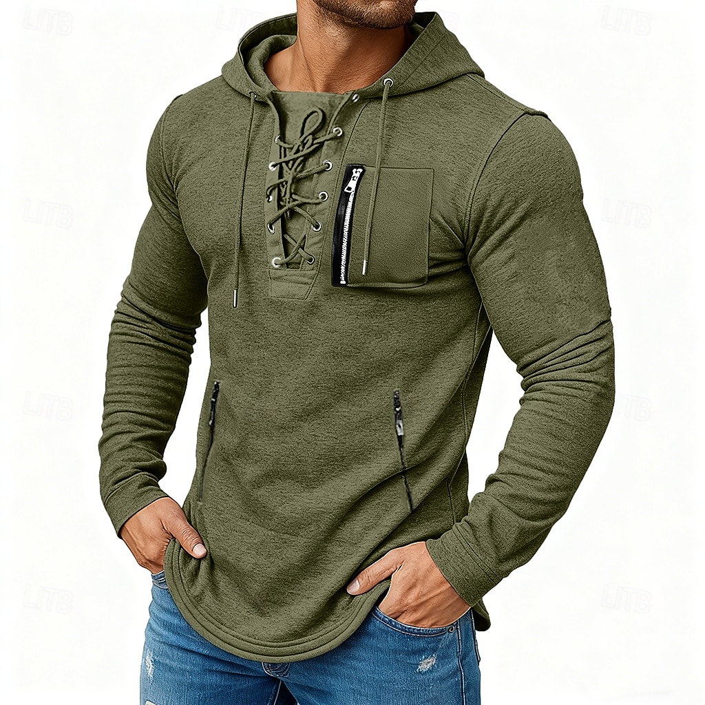 Herren T Shirt T-Shirt Langarmshirt Langarm Mit Kapuze Frühling & Herbst Ganzjahres Einfarbig Mode Designer Basic Schnürung Reißverschlusstasche Urlaub Straße Lässig Dunkelgrau Schwarz Koffee Top 2026 - $22.99 –P1