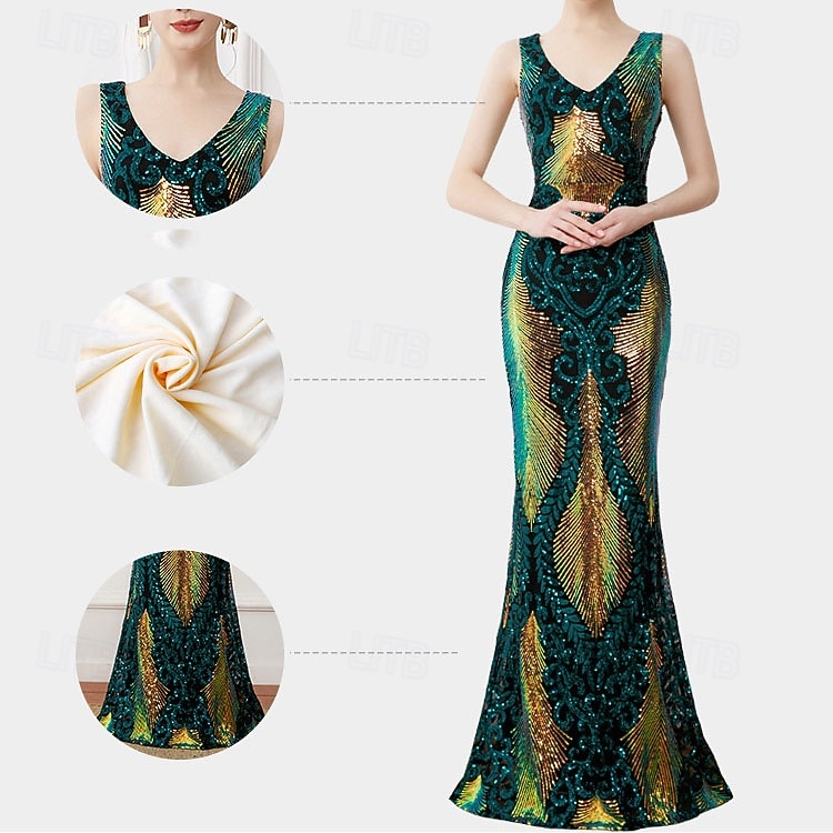 Roaring 20s 1920s Floor Length Dress Evening Dress Party Costume Sleeveless The Great Gatsby Sequin V Neck Fancy Dress Women's Christmas New Year Evening Party Party Wedding Adults Dress 2026 - $78.99 –P1