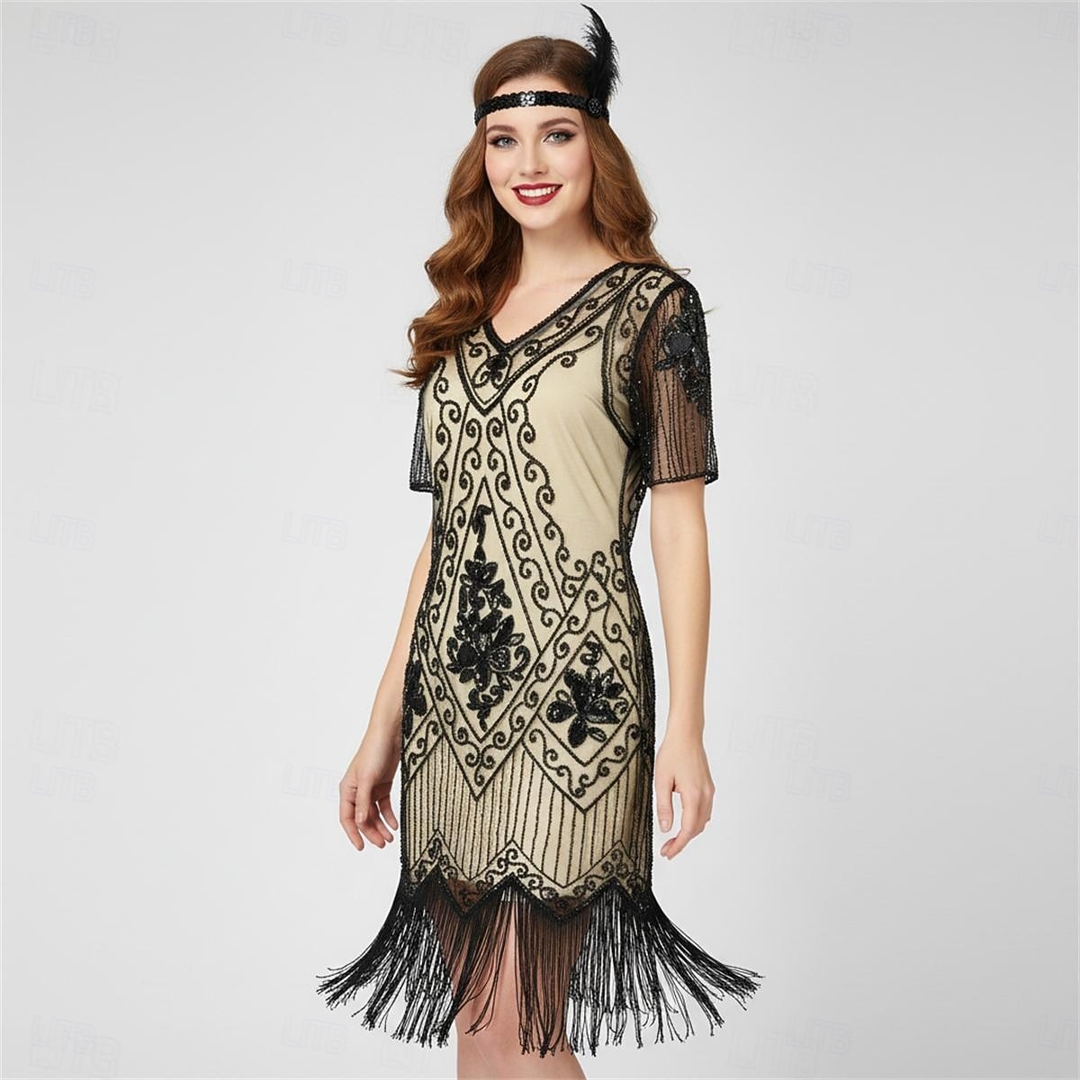Anni Ruggenti Anni 1920 Lunghezza al ginocchio Vestito Abito Flapper Abito da Ballo Maniche corte Il grande Gatsby Charleston Invitato al matrimonio Paillettes Frangia con nappe Scollo a V Costume del 2026 a $34.99 –P13