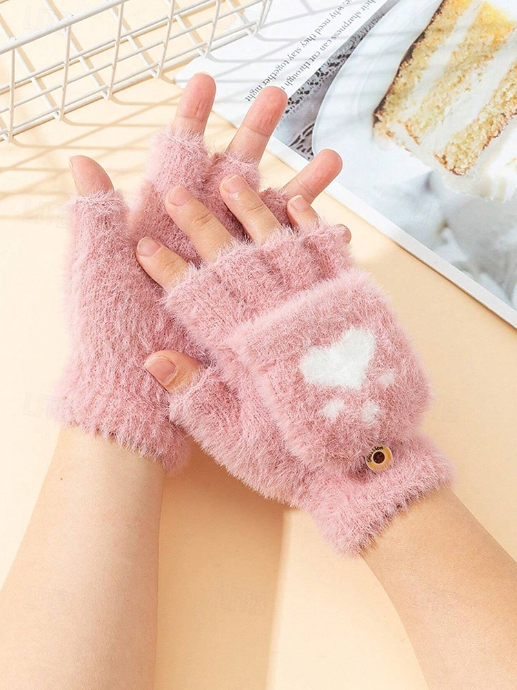 Damen-Fingerhandschuhe aus flauschigem Strick mit Katzenpfotenmuster – weicher Plüschstoff, in verschiedenen Farben erhältlich, perfekt für Winter und Freizeit. 2026 - $7.99 –P4