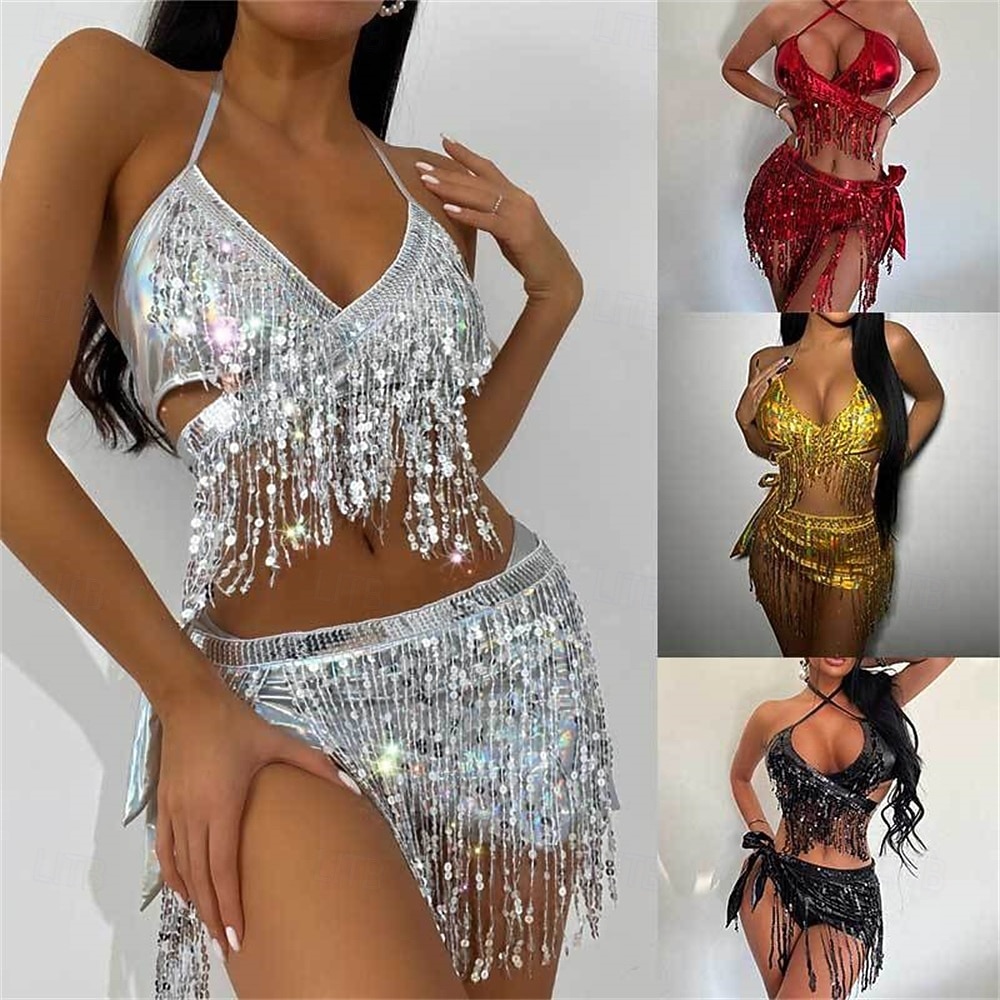 Costumi da ballo Samba Set di top corto a frange argentate e gonna mini plissettata metallizzata per donne - Outfit da festival rave per carnevale Costumi per performance del 2026 a $36.99 –P1