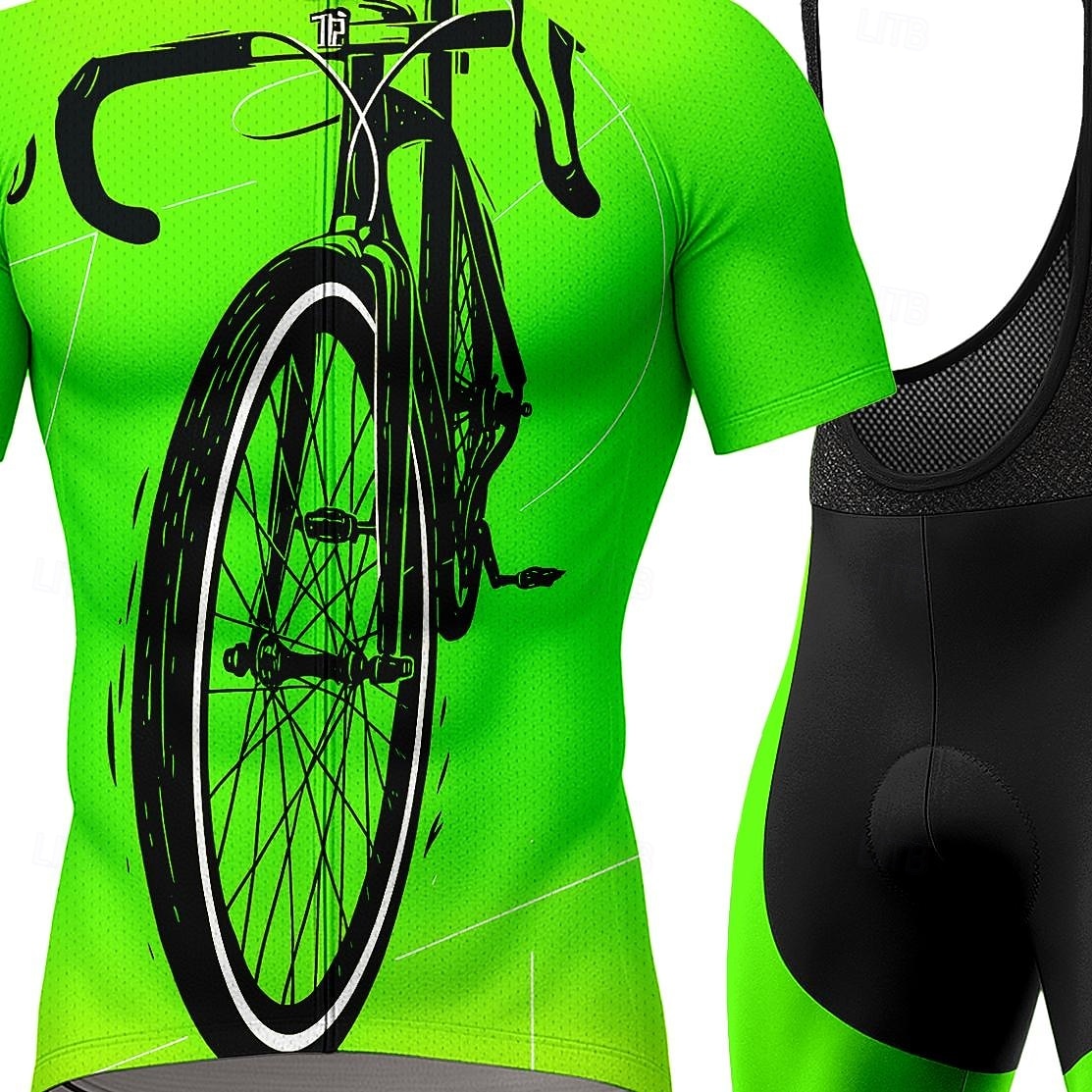 Herre Sykkeljersey med bib-shorts Sykkeltrøyesett Kortermet Fjellsykling Veisykling Sommer Grønn Geometrisk Sykkel Solkrem UV-bestandig 3D Pute Fort Tørring Refleksbånd Spandex Lycra sport Klær 2026 - $49.99 –P3
