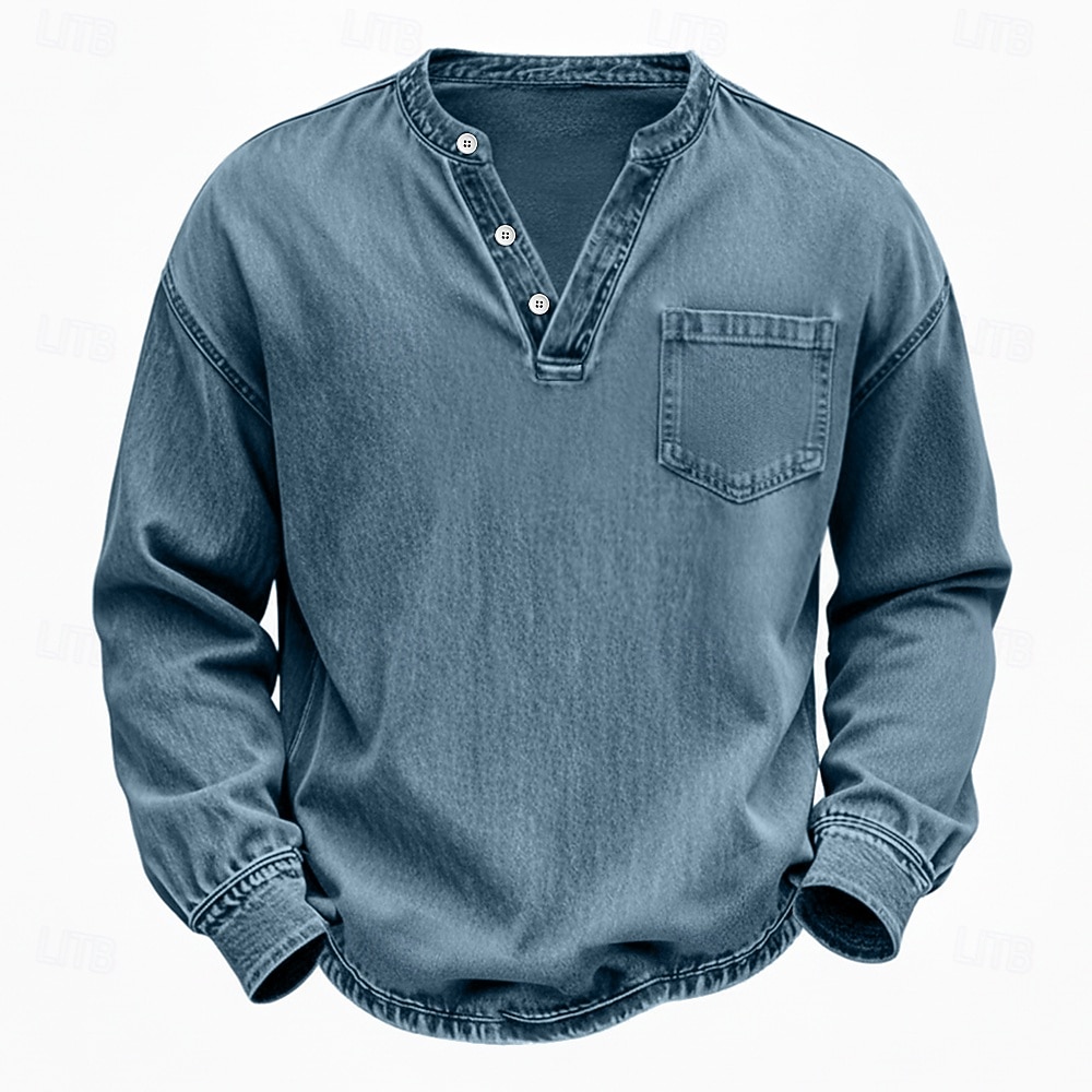 Voor heren Henley-shirt Overhemd van 100% katoen met zure wassing T-shirt T-shirt Lange mouw Wijnoogst Effen kleur Retro vintage Casual Vintagestijl Kledingstuk geverfd gewassen Henley Casual Lente 2026 - $31.99 –P10