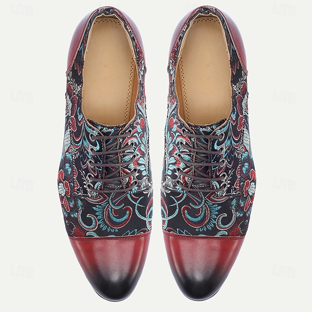 Men's Black Leather and Floral Pattern Lace-up Shoes - Fashion-forward Footwear for Semi-formal Gatherings, Evening Parties and Trendy Casual Wear 2026 - $94.99 –P4