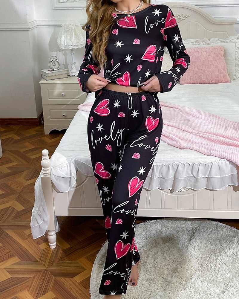 Damen Schlafanzug Freizeitkleidung Schlafanzug Set Lässig Herz Satin-Seidenpyjamas Elastischer Bund Hose Täglich Heim Urlaub Langarm Rundhalsausschnitt Fuchsie Herbst Winter Lässiger Schnitt 2026 - $27.99 –P4