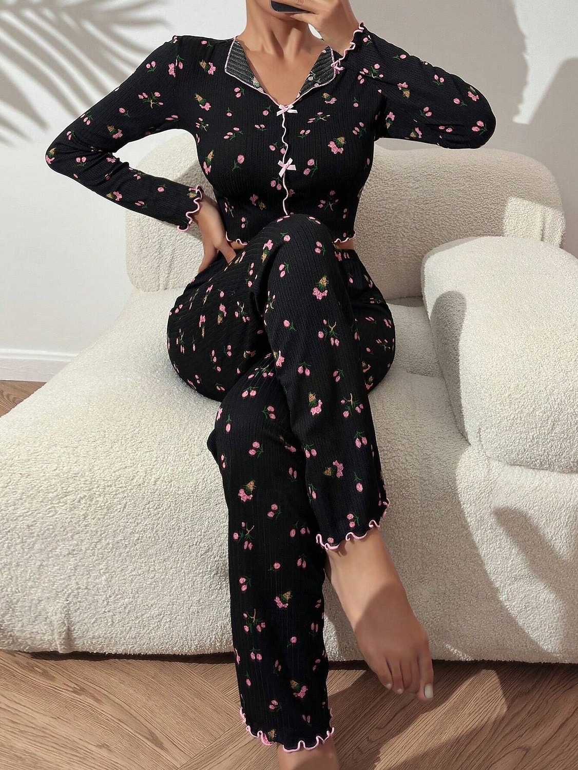 Damen Schlafanzug Set Lässig Komfort Blumen Elastischer Bund Hose Heim Täglich Langarm V Ausschnitt Blau Schwarz Weiß Rosa Frühling Herbst Normale Passform 2026 - $19.99 –P9