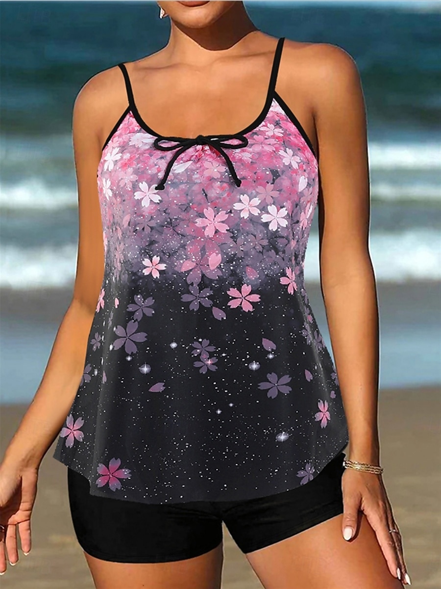 Kvinnors tankini 2-delad baddräkt Boho shorts mage kontroll hög midja smal rygglös semester strandkläder paisley U-hals ärmlösa baddräkter 2026 - $33.99 –P2