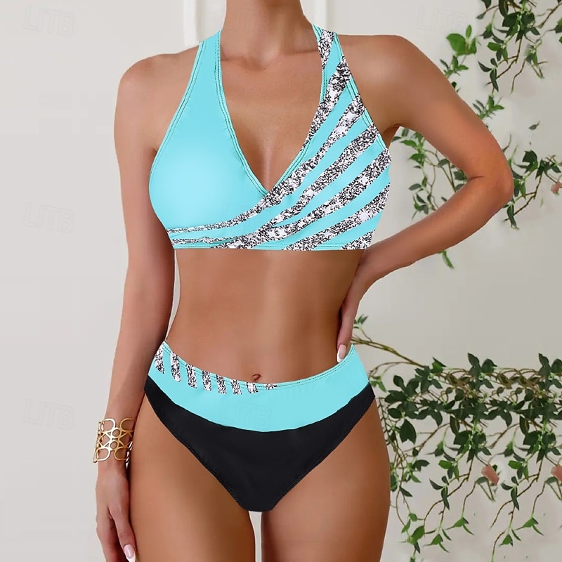 Damen Badeanzug Zweiteilig Rock Bademode Rückenfrei Urlaub Strandbekleidung Gestreift V Ausschnitt Ärmellos Badeanzüge 2026 - $22.99 –P8