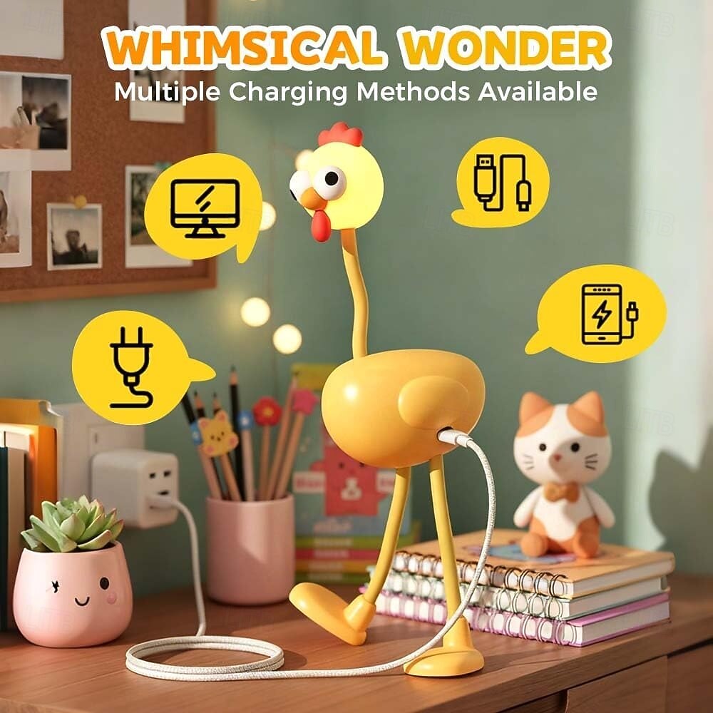 Rolig nattlampa med kyckling, dimbar söt LED-lampa i 3 nivåer, mysiga anime-lampor med böjbar svanhals, nattlampa med USB-batteri, unik dekorleksak till studentrummets skrivbord, roliga/skämtpresenter 2026 - $16.49 –P1