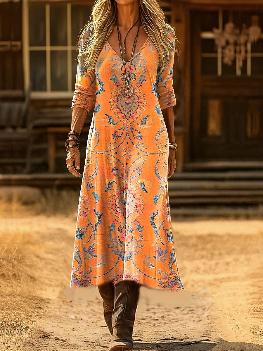 Women's Maxi Dress Boho Sheath Dress Party Casual  Daily Date Going out Loose Fit Floral Graphic Paisley Long Sleeve V Neck Black Red Purple Orange Spring Fall Winter 2026 - $41.99 –P2