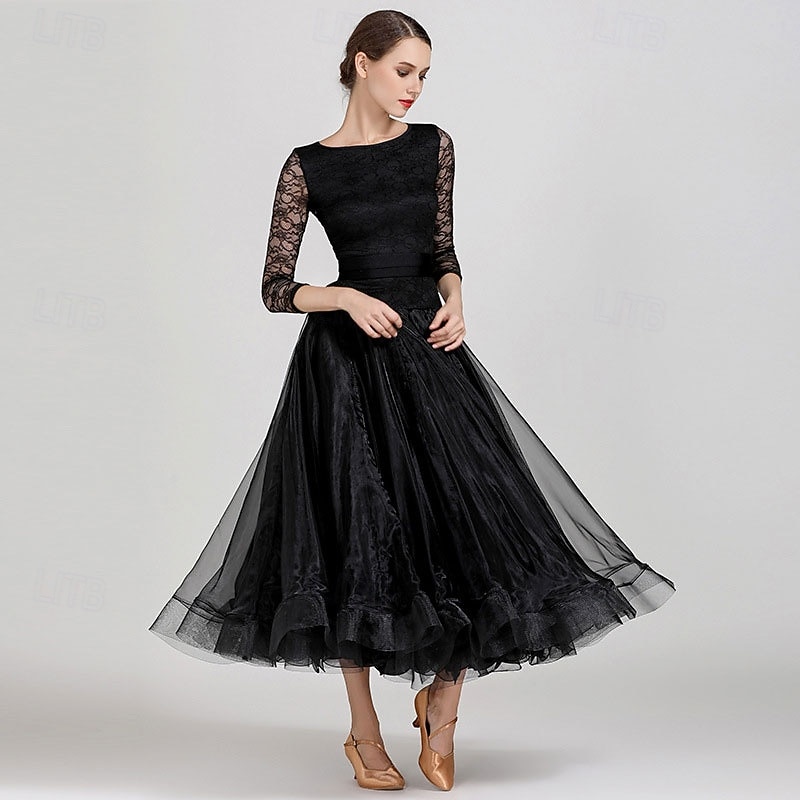 Abito da allenamento per ballo da sala da donna, elegante, nero, con maniche in pizzo, scollo a barca, valzer, tango, rumba moderna del 2026 a $161.99 –P2