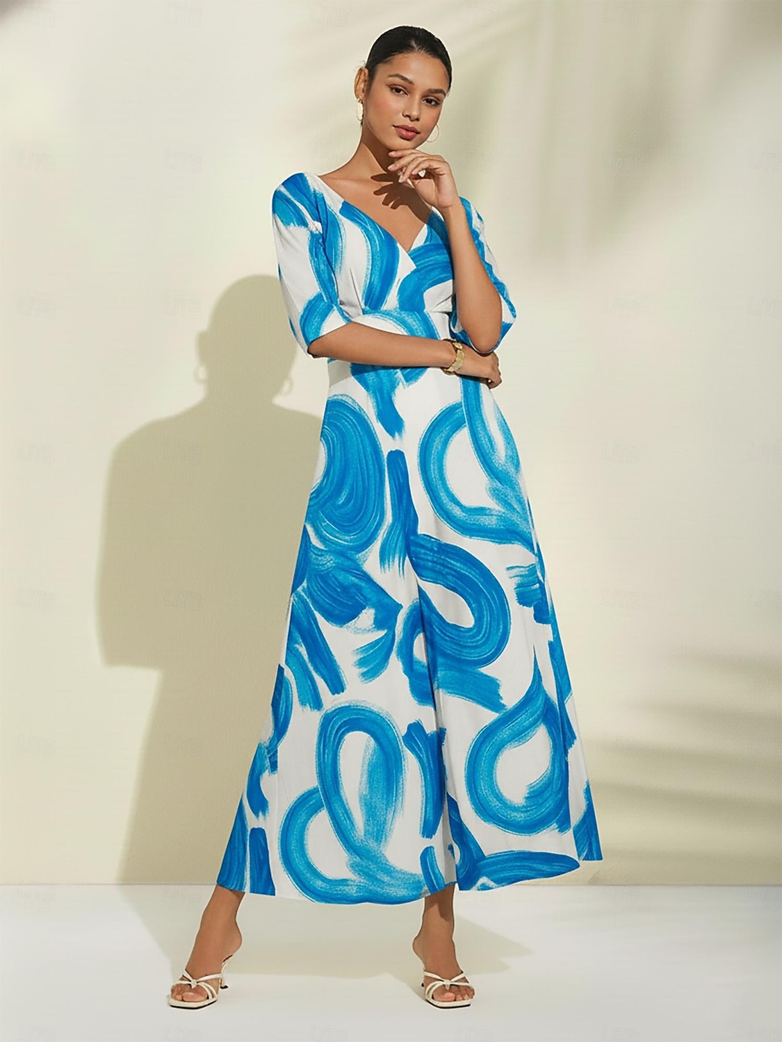 атласное синее платье макси с принтом мазков кисти для повседневного отпуска и путешествий 2026 - $114.99 –P4