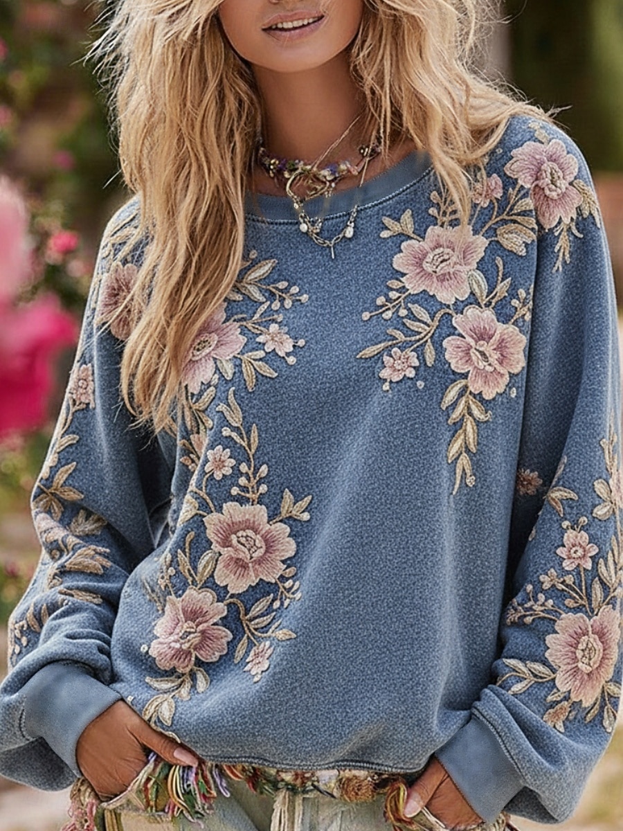 Dames Trui-sweatshirt Bloemig Casual Lange mouw Strakke ronde hals Normale tops Casual Straat Dagelijks gebruik blauw Lente Herfst Winter 2026 - $27.99 –P2