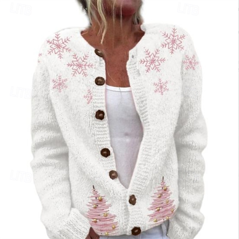 Naisten Neulos Neule Tyylikäs Muoti söpö tyyli Kukka Kuvitettu Joulukuusi Tiukka pyöreä kaula-aukko Napit Kudottu Painettu Pitkähihainen Tavalliset topit Neuloa Joulu ulko- Koti Valkoinen Vaalean 2025 - $28.99 –P2