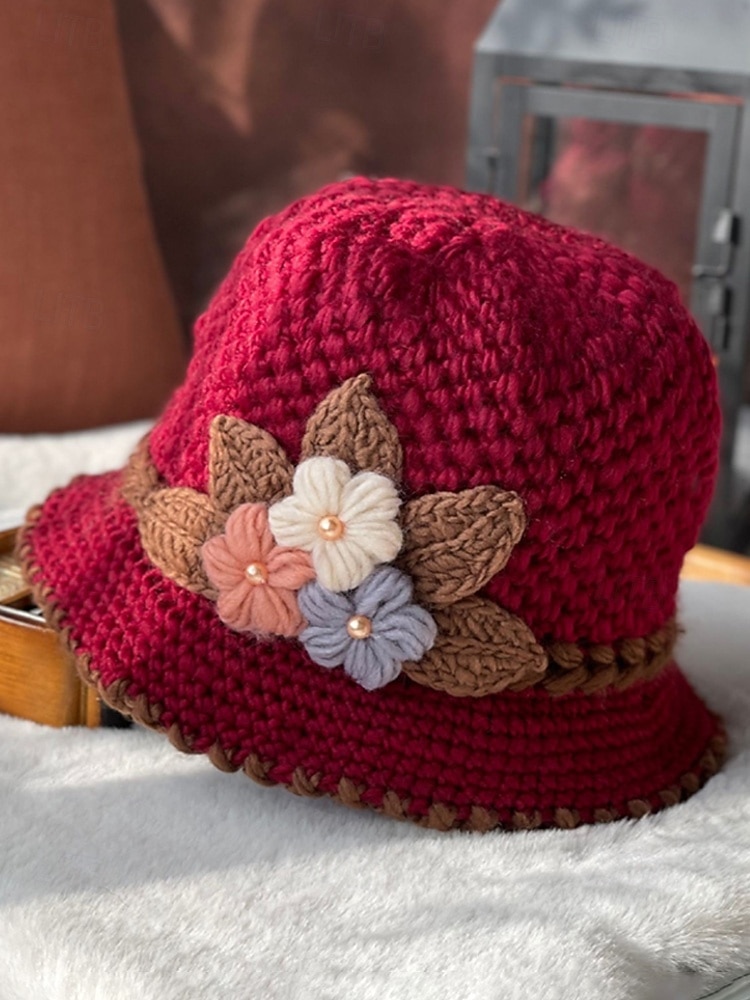 Damska czapka beanie z dzianiny – miękki wełniany materiał, wiele kolorów, zdobienie w postaci kwiatów 3D, podszewka z polaru zapewniająca ciepło, idealna na święta Bożego Narodzenia i zimowe aktywności na świeżym powietrzu 2026 - $18.99 –P4