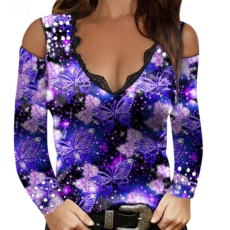 Γυναικεία Μπλούζα Στάμπα Γραφική Πεταλούδα Βίντατζ Στυλάτο Σέξι Μακρυμάνικο Λαιμόκοψη V Κανονικά μπλουζάκια Καθημερινά Αργίες Εξόδου Βυσσινί Χρυσό Ροζ Τριανταφυλλί Άνοιξη Φθινόπωρο Χειμώνας 2026 - $18.49 –P2