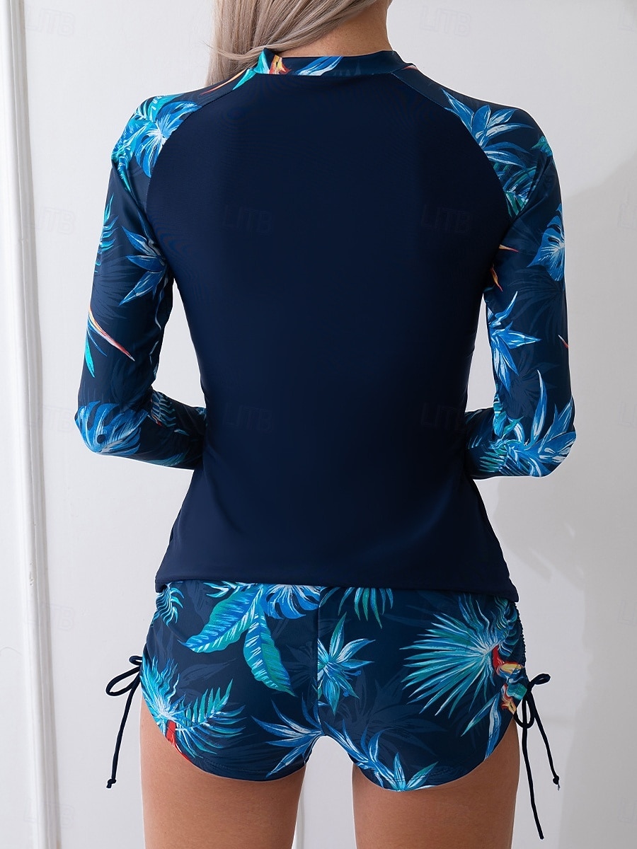 Женский танкини из 2 предметов купальник с молнией спереди пальмы шорты контроль живота высокая талия узкий спина без бретелек пляжная одежда цветочный листья высокий вырез длинные рукава 2026 - $33.99 –P8