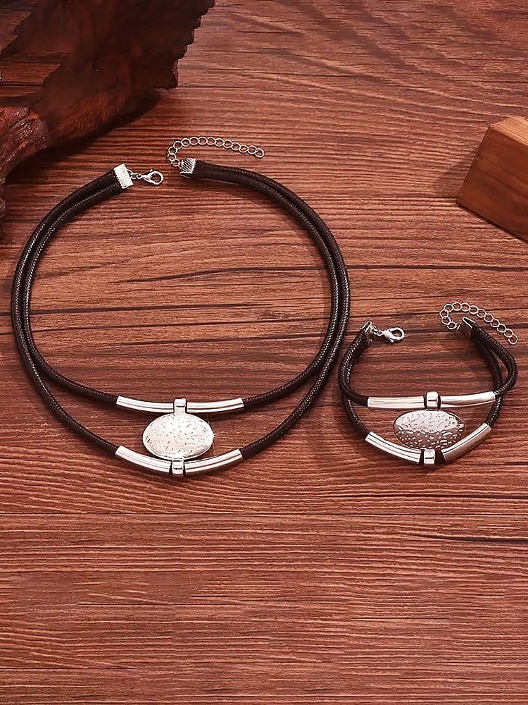 Women's Bohemian Leather and Metal Statement Necklace & Bracelet Set, Adjustable, Available in Gold and Silver – Perfect for Casual and Evening Wear 2026 - $11.99 –P5